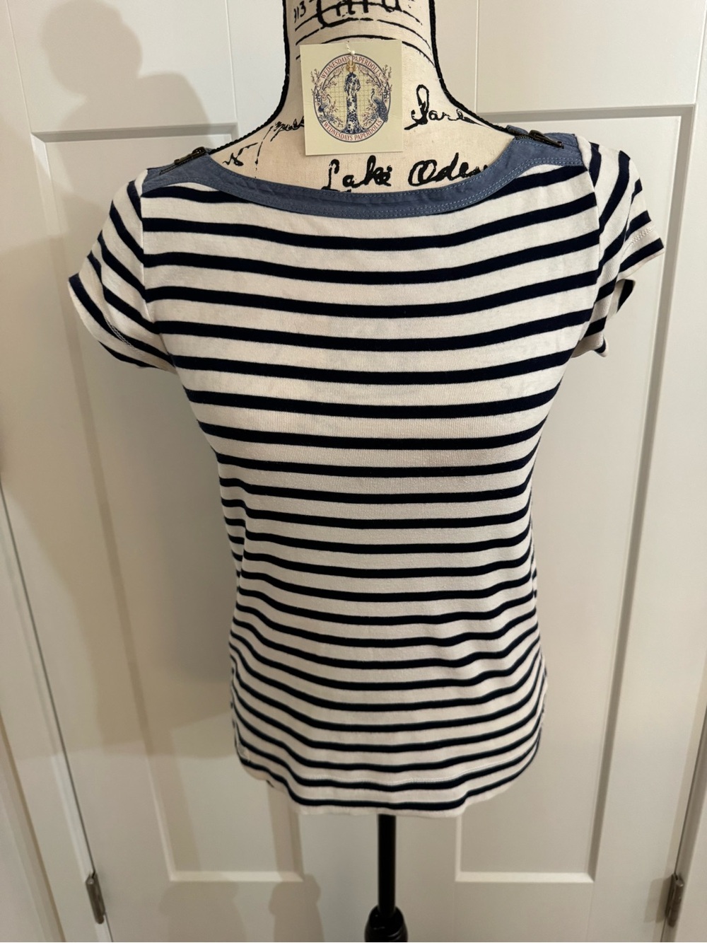 Lauren Ralph Lauren White Navy Striped Top Small Zip Shoulders Nautical Coastal